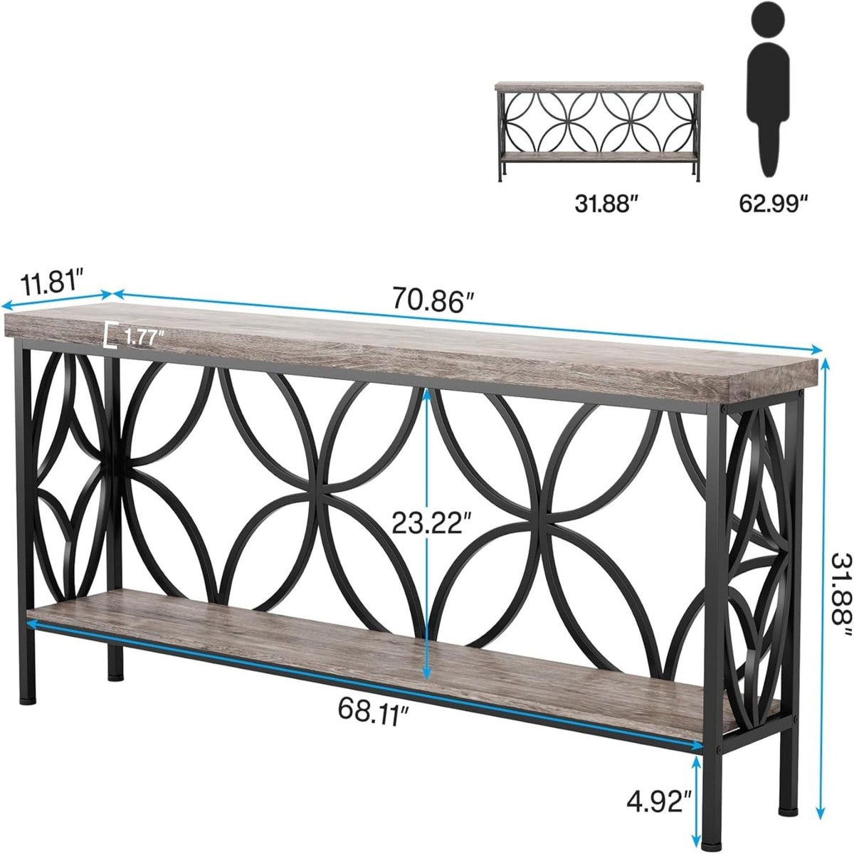 Extra Long Console Table with Open Storage Shelves - Dark Gray or Dark Brown