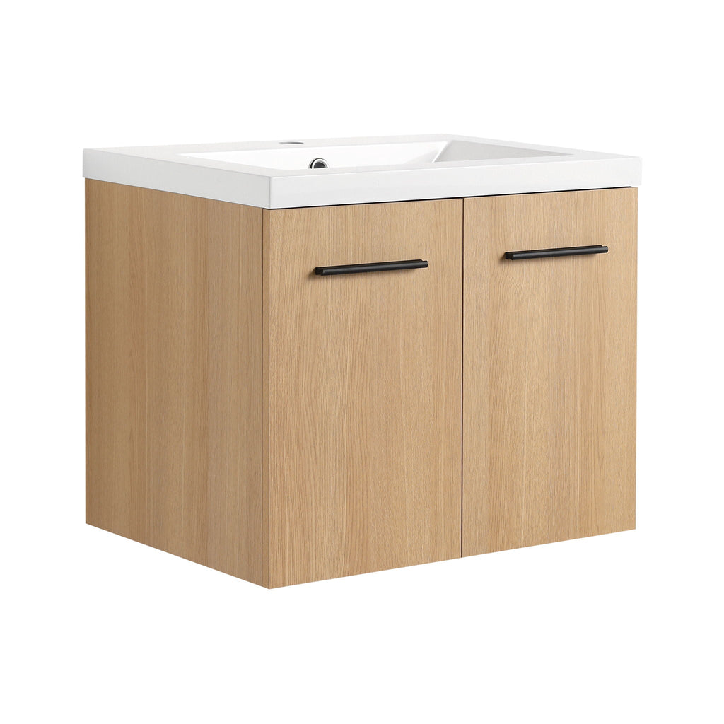 Floating Bathroom Vanity With Sink, Wall Mounted Double Door Storage - Light Brown