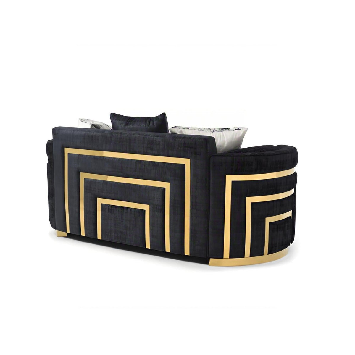Black Loveseat with Plush Cushions and Gold Accents