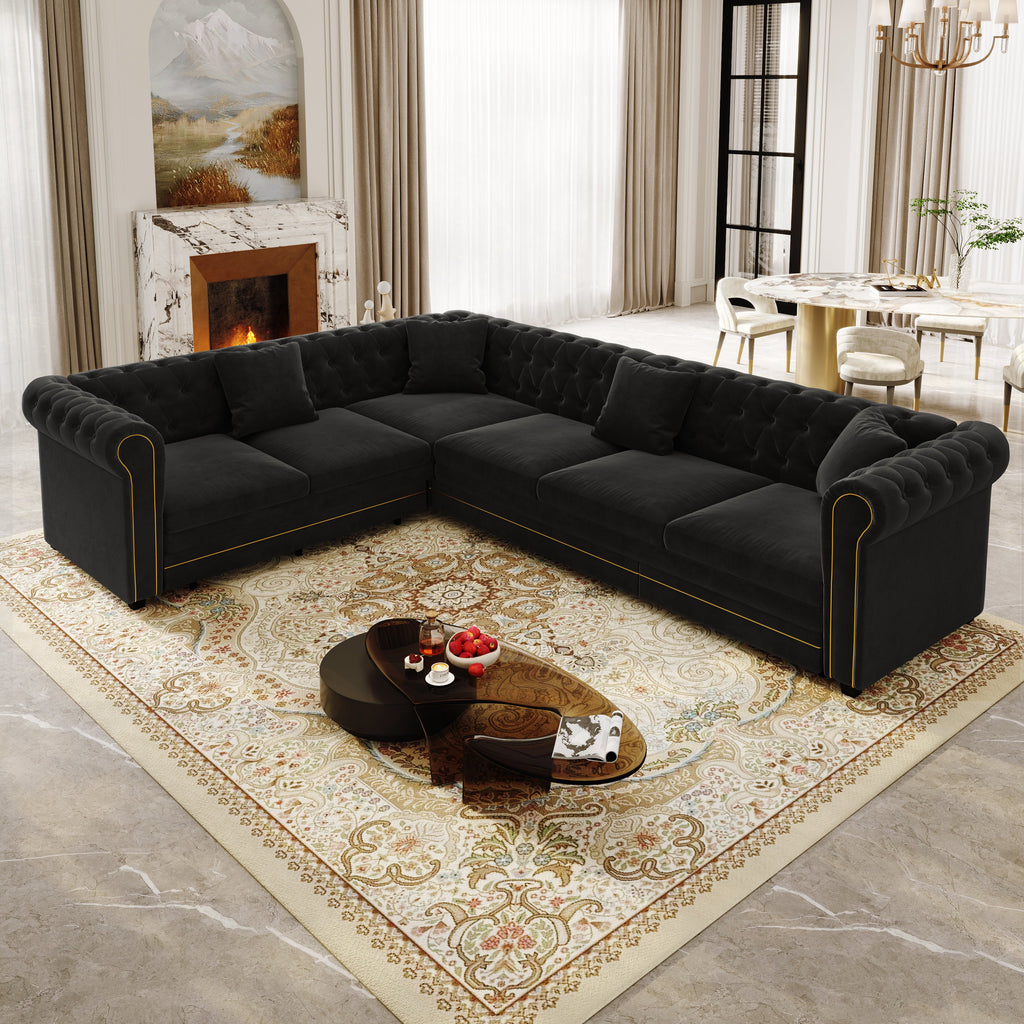 L-Shaped Sofa Couch with Pull-Out Bed - Black Velvet
