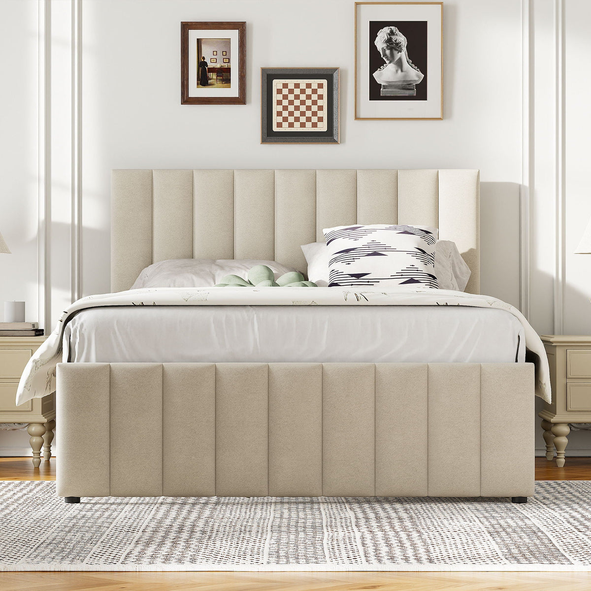 Upholstered Platform Bed with Twin Size Trundle and 3 Drawers - Beige, Full