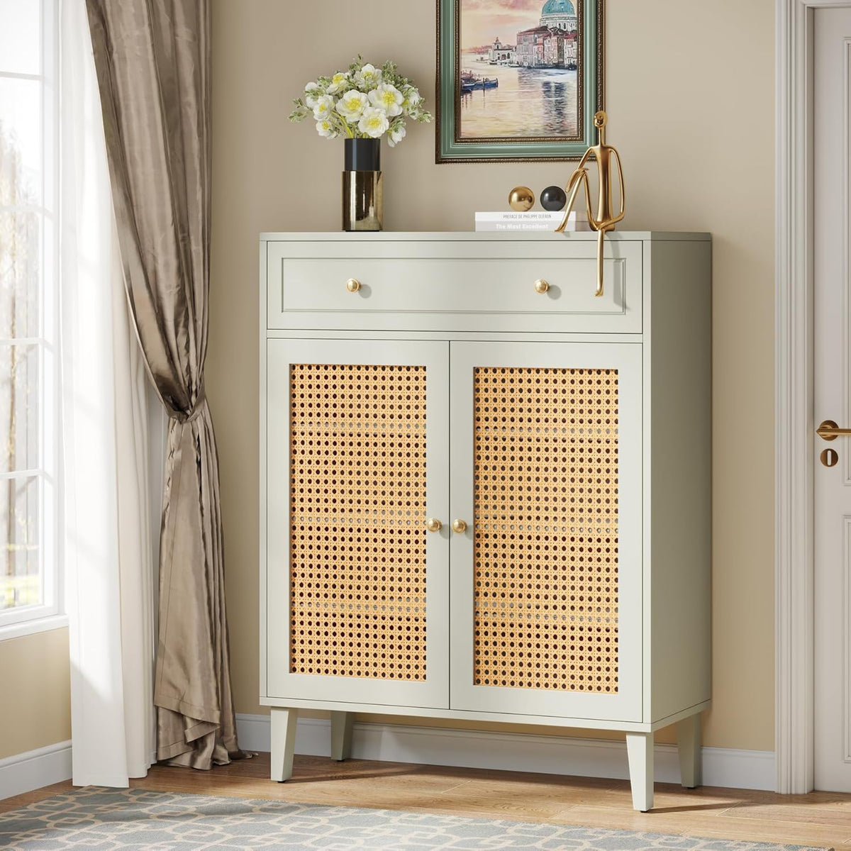 Mint Green Shoe Cabinet With Rattan Doors and Drawer - 4 Tier Storage Organizer