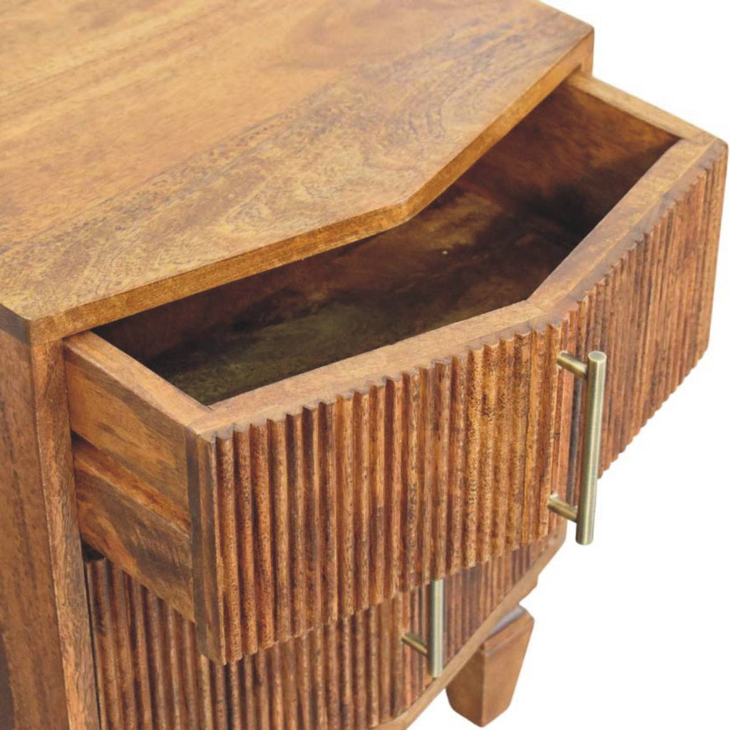 Solid Wood Louvre Bedside Unit with Fluted Drawer - Winewood Oak Finish