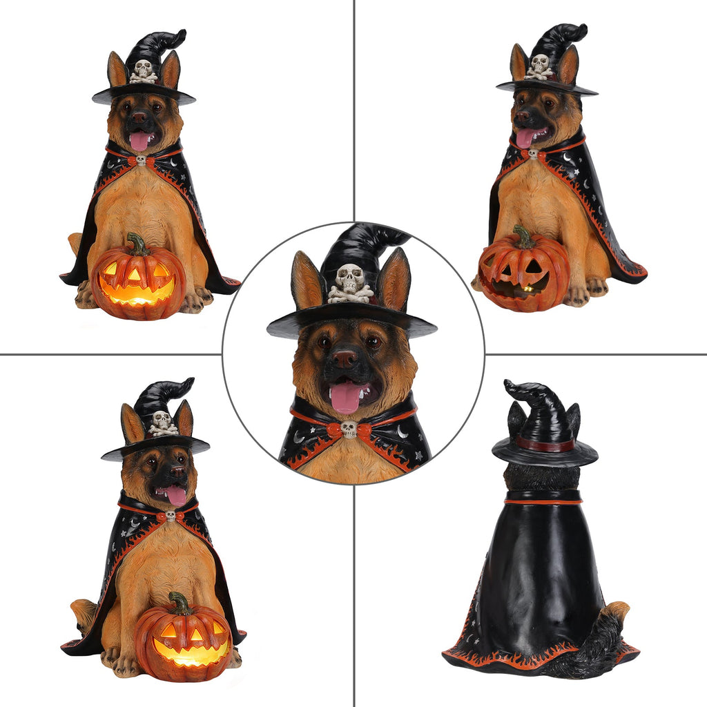 Halloween German Shepherd Dog Statue with LED Pumpkin - Resin