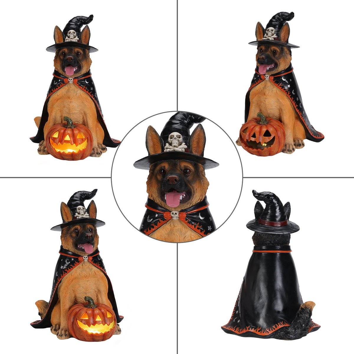 Halloween German Shepherd Dog Statue with LED Pumpkin - Resin