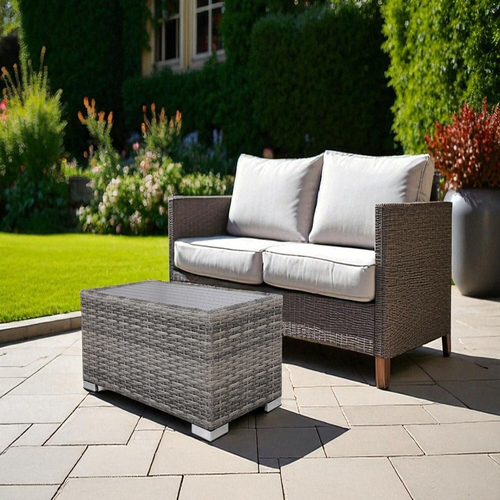 Gray Slatted Side Table with Rustproof Aluminum Top - Mixed Gray