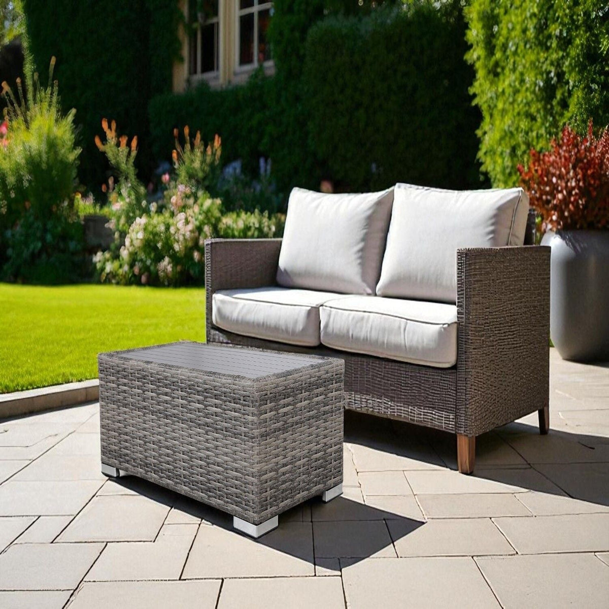 Gray Slatted Side Table with Rustproof Aluminum Top - Mixed Gray