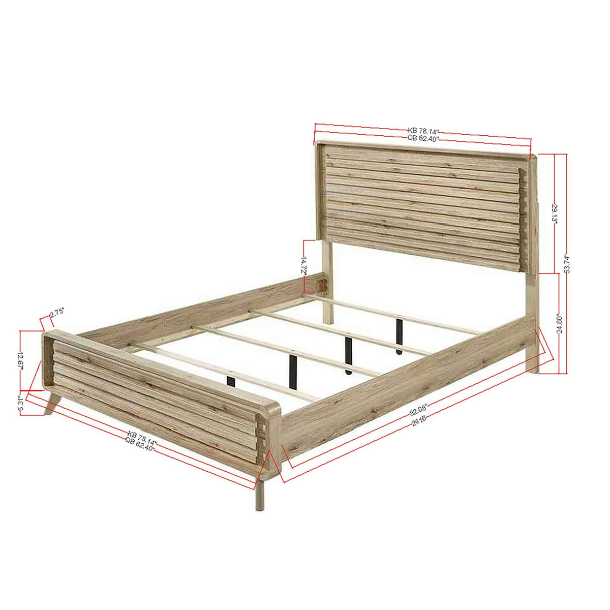 Light Brown Panel Bed with Slatted Headboard and Footboard - Wood