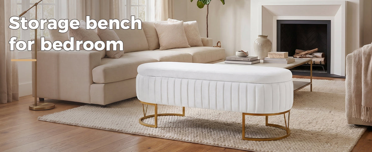 Velvet Storage Bench with Golden Metal Legs - Bedroom Bench