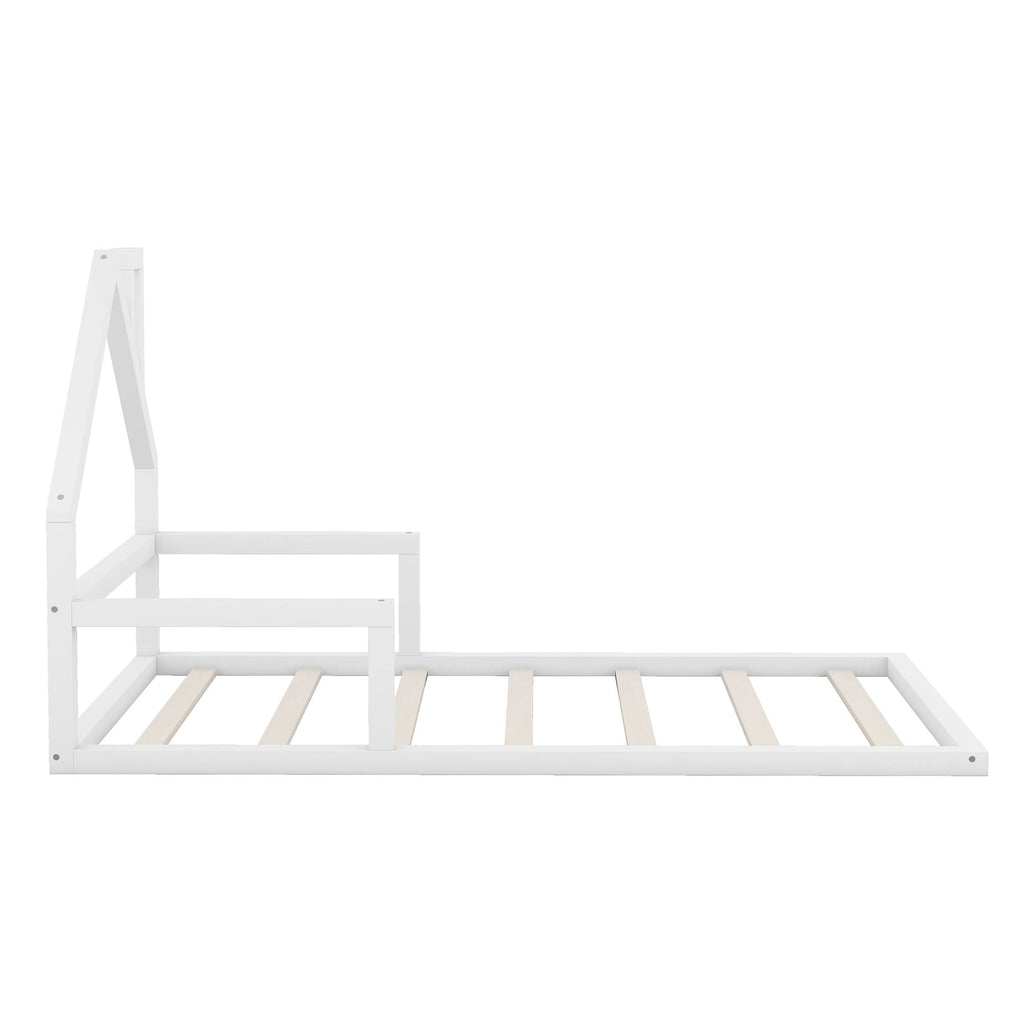 Floor Bed With House Shaped Headboard - Twin Size, Solid Pine - White or Light Brown