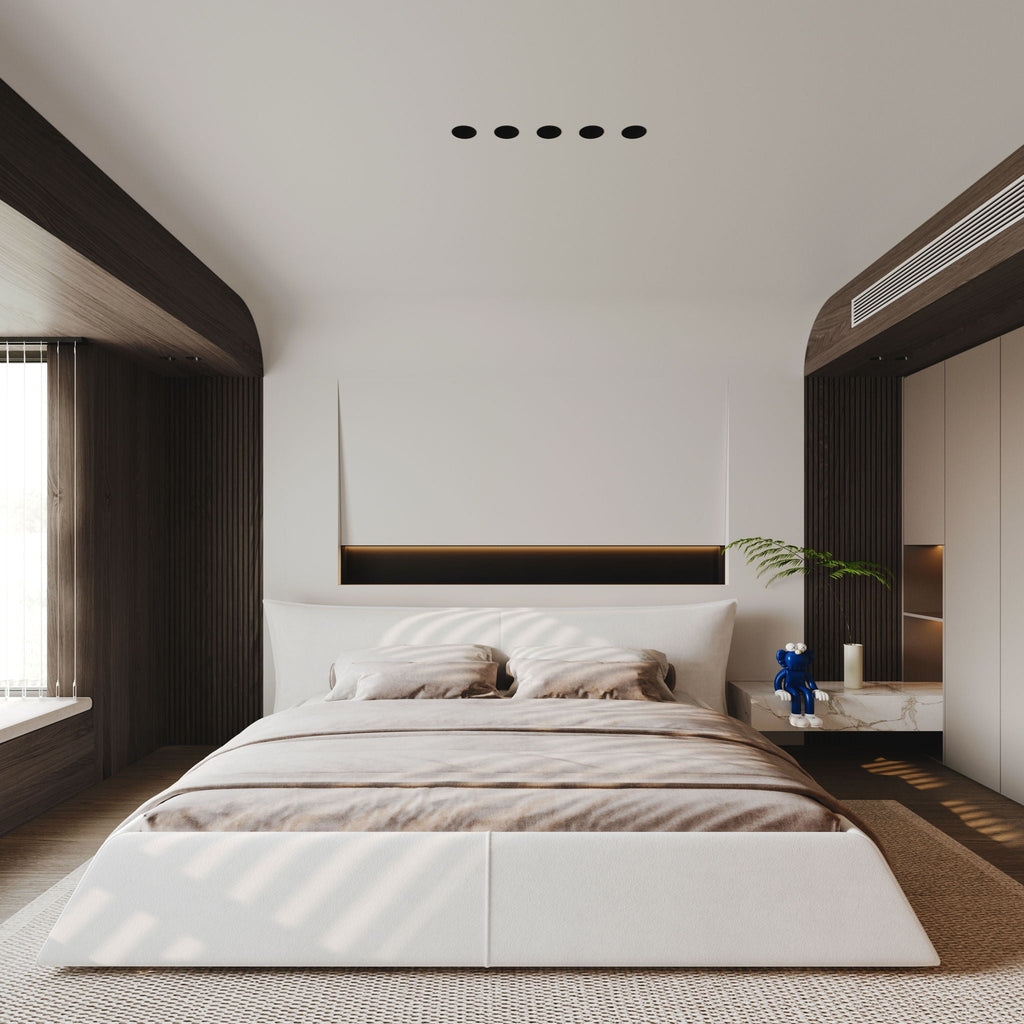 Upholstered Platform Bed with Special Shaped Headboard - Black or Beige
