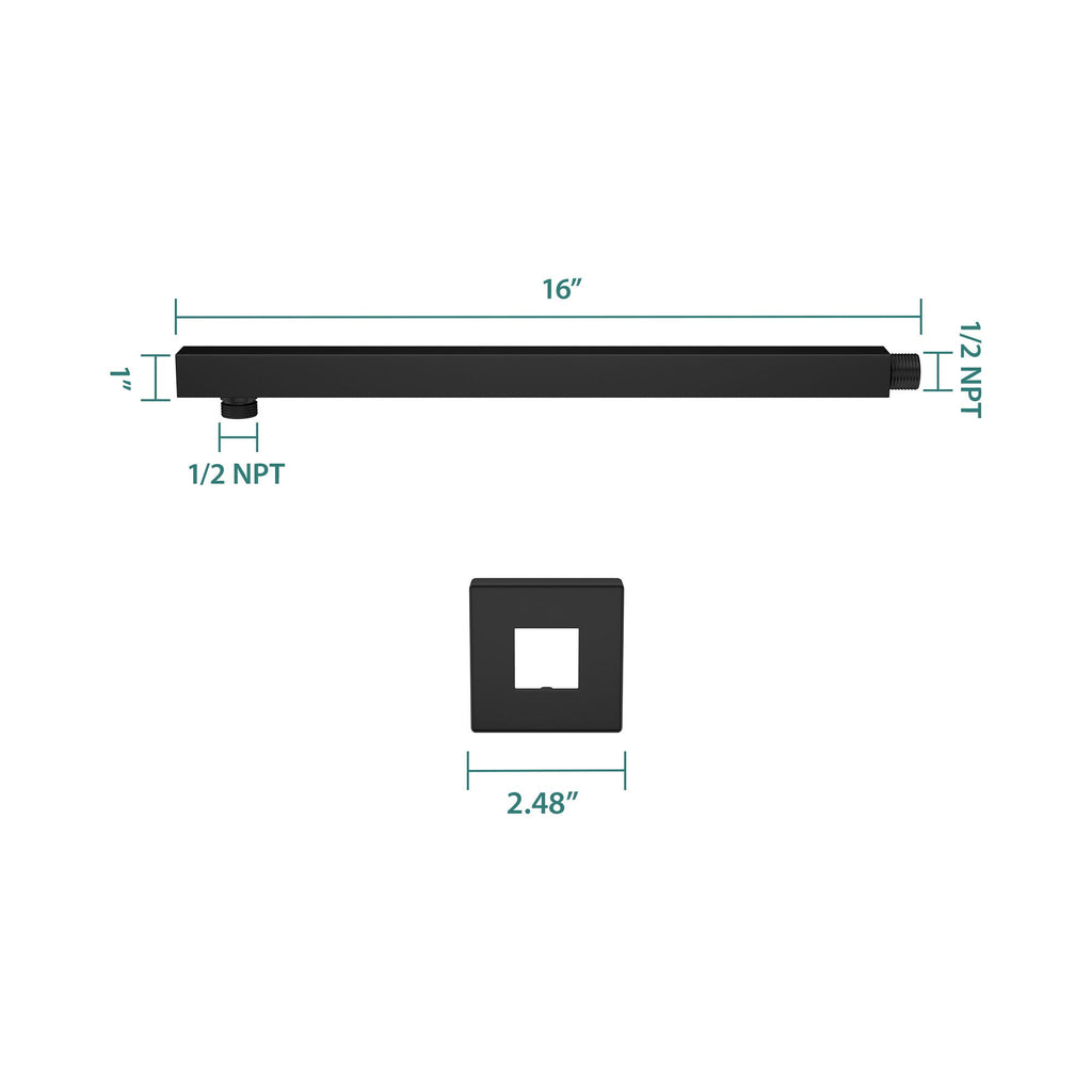 Wall Mounted Shower Arm with Flange – 16" Stainless Steel - Gold, Black, Gray