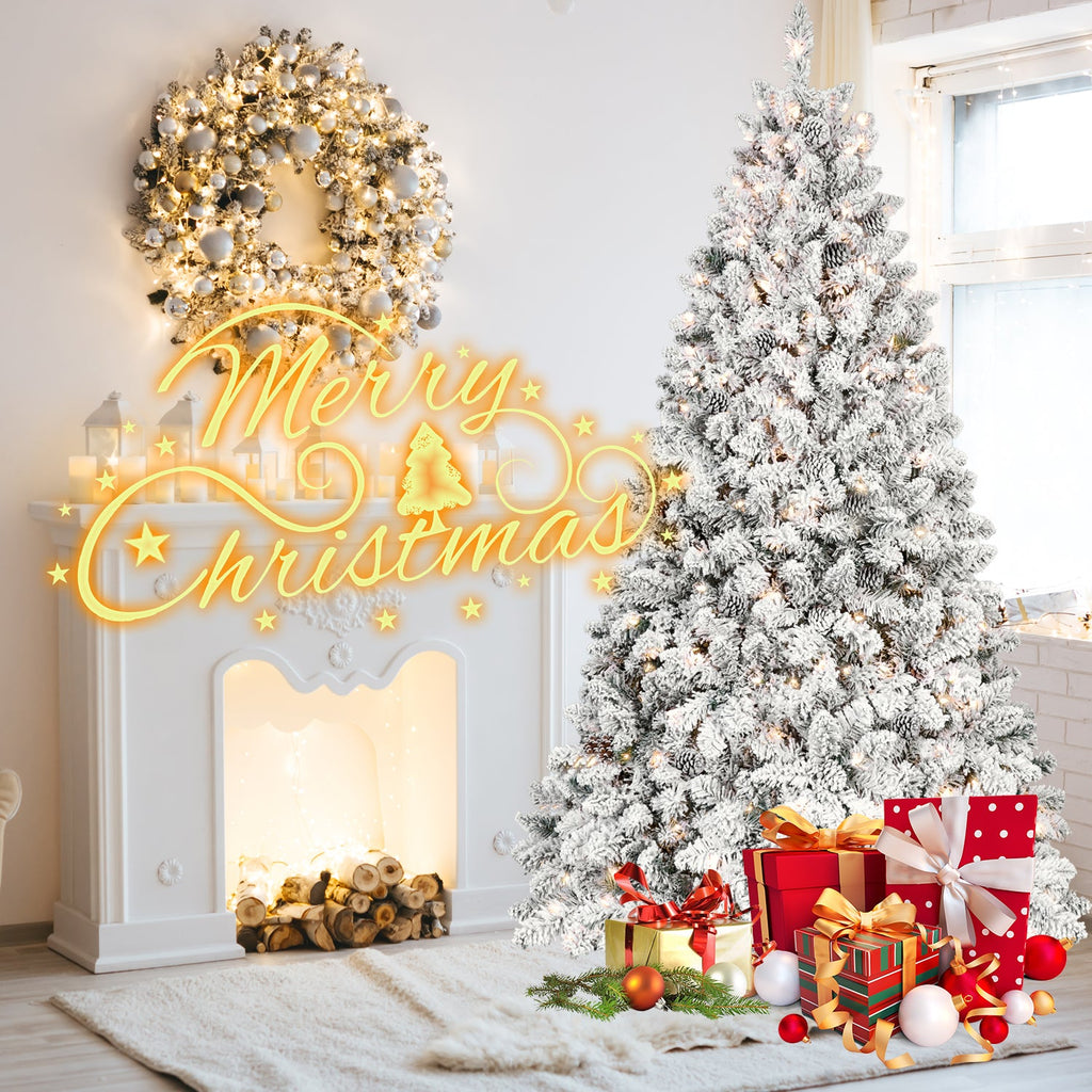 5FT Flocked Christmas Tree with 300 UL Lights and Pine Cones - White