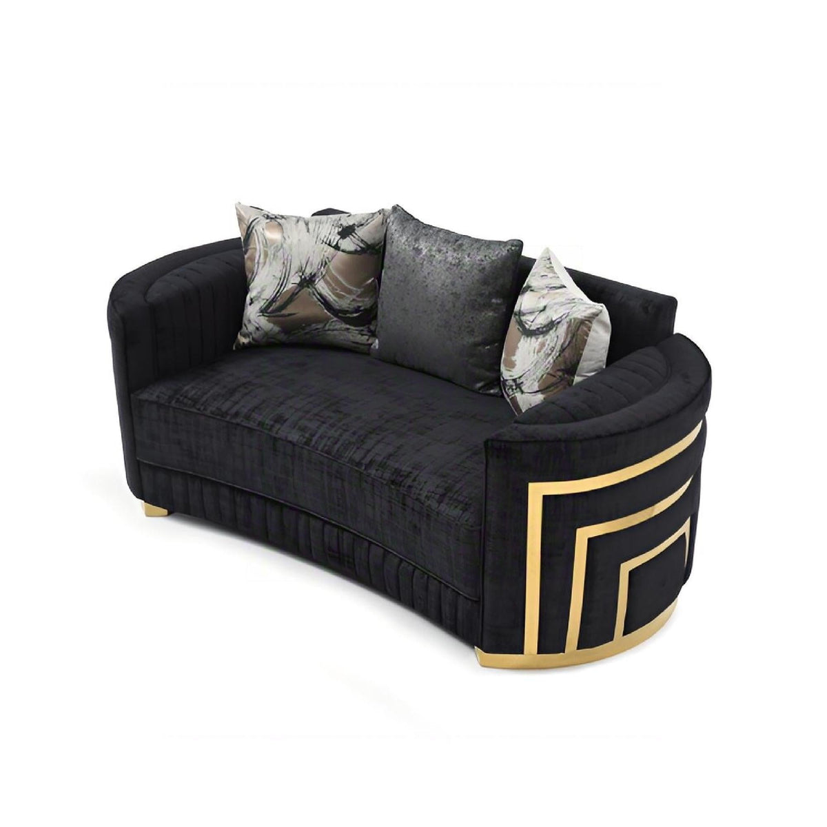 Black Loveseat with Plush Cushions and Gold Accents