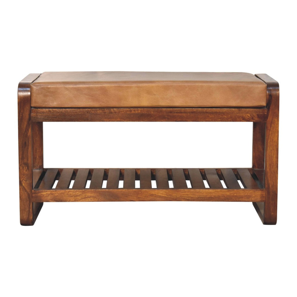 Solid Wood Slatted Bench with Leather Upholstery and Open Storage - Chestnut