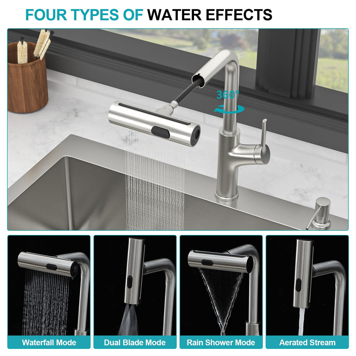 Brushed Nickel Drop-In Kitchen Sink with Pull-Out Faucet and Soap Dispenser - Gray