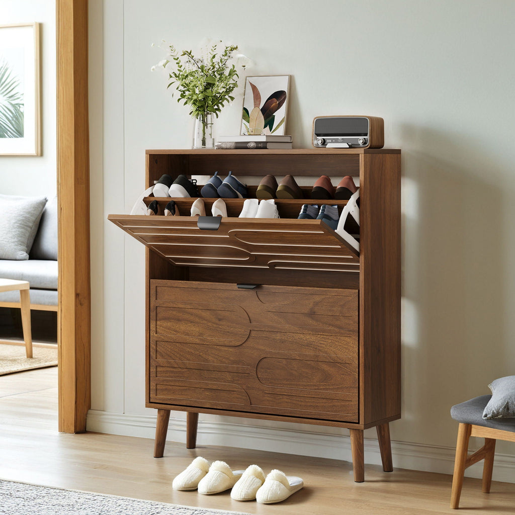 Dark Brown Shoe Cabinet with 2 Flip Drawers - Particle Board