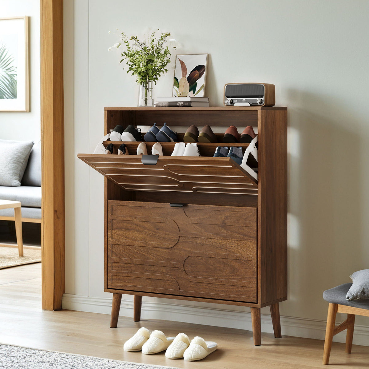 Dark Brown Shoe Cabinet with 2 Flip Drawers - Particle Board