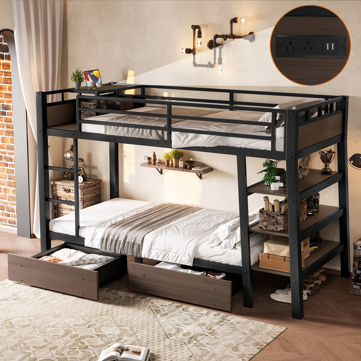 Twin Size Metal Bunk Bed with Storage Shelves and LED Light Strip - Black