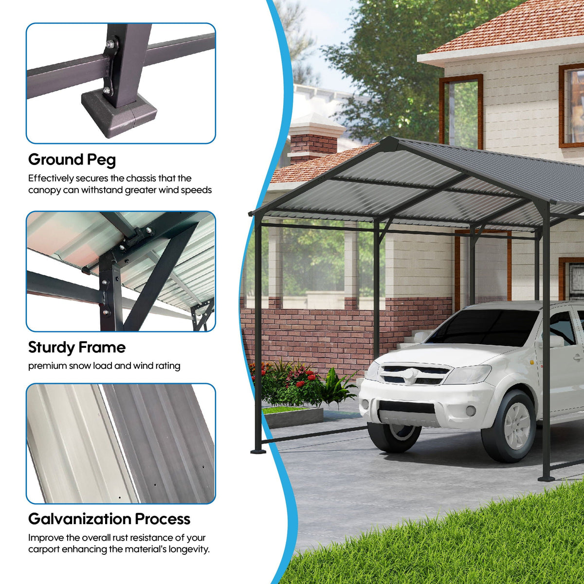 Heavy Duty Metal Carport with Galvanized Steel Roof - Gray