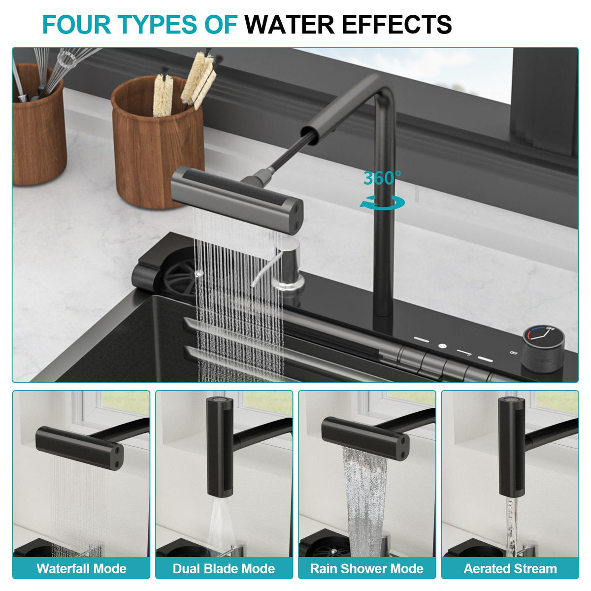 30" Single Bowl Kitchen Sink with Smart LED Faucet - Black or Gray