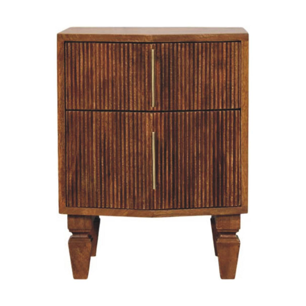 Solid Wood Louvre Bedside Unit with Fluted Drawer - Winewood Oak Finish