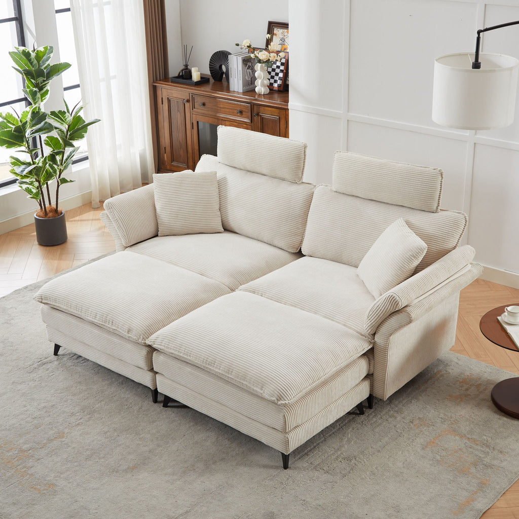 Modern Deep Seat Sectional Sofa with Ottoman - Corduroy - Black or Beige