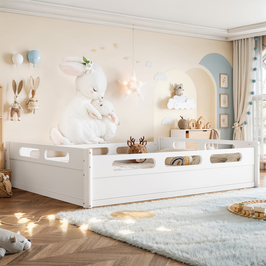 Queen Size Floor Platform Bed with Full-Length Guardrails - White or Natural