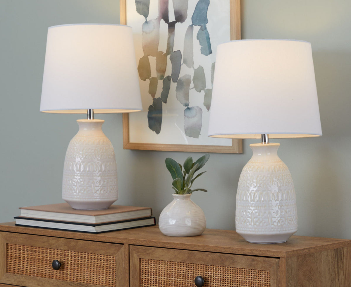 Contemporary Ceramic Lamp Set with Textured Vase Base - Green or White