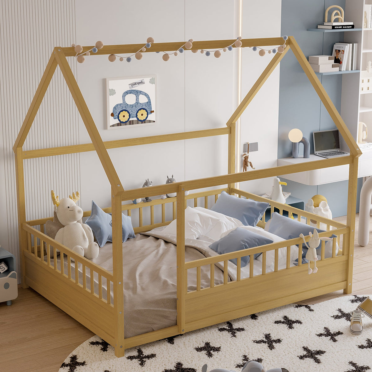 Full Size Wooden Bed with House Roof Frame - Natural