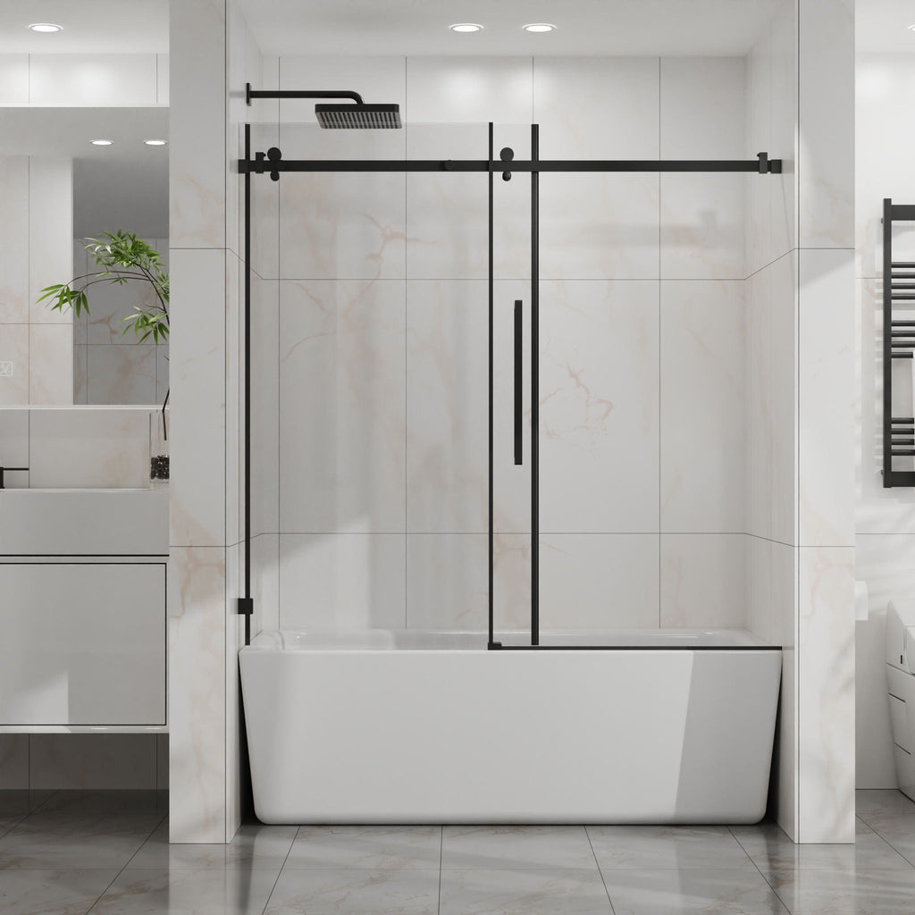 Frameless Tub Sliding Shower Door with Easy Clean Coating - Black or Pearl Silver