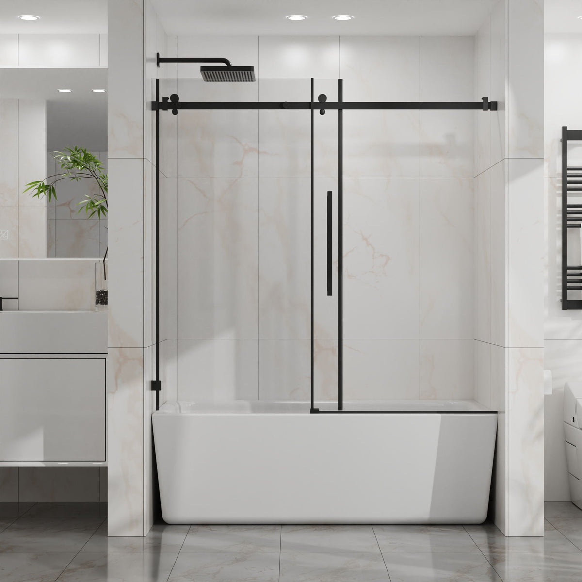 Frameless Tub Sliding Shower Door with Easy Clean Coating - Black or Pearl Silver