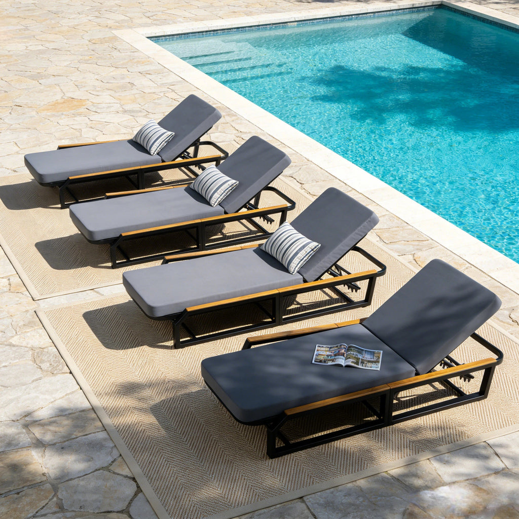Adjustable 5-Position Outdoor Chaise Lounge with Cushion - Black, Grey, Teak or Cream, Teak, White
