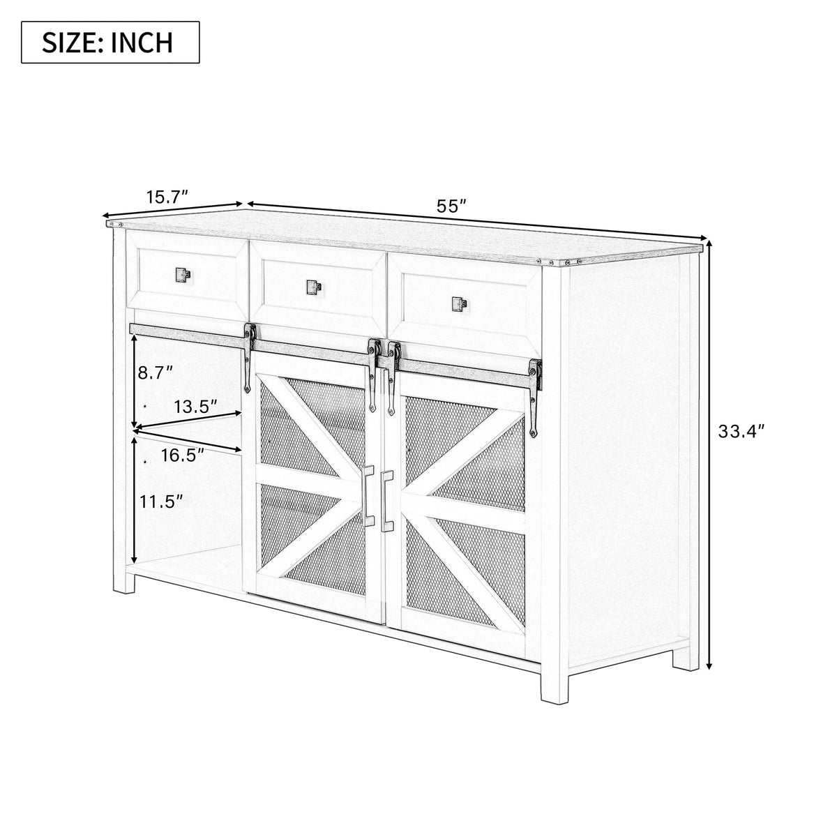 U_Style 55" Sliding Barn Door Sideboard Buffet Cabinet