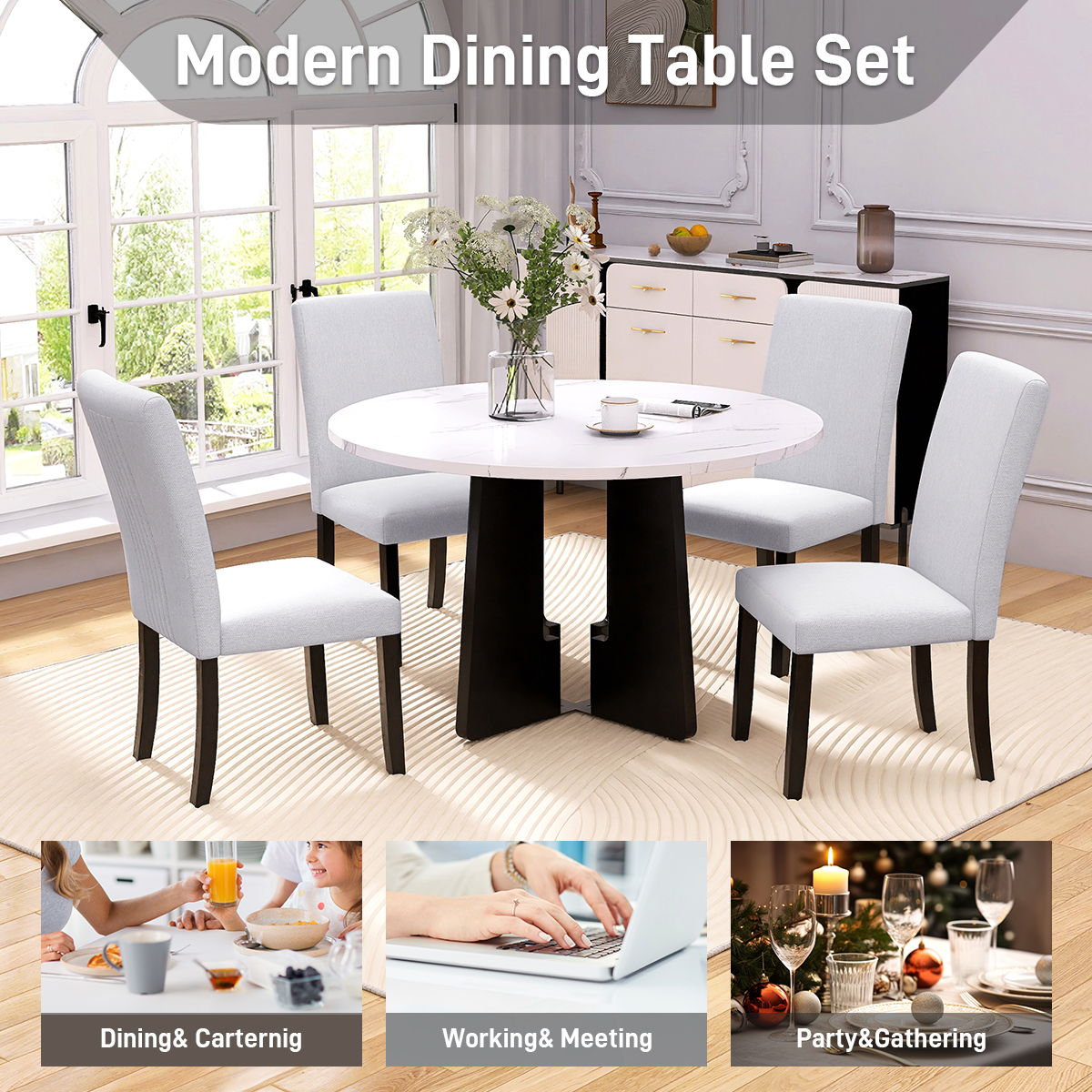 5 Piece Round Dining Table Set with Upholstered Chairs - Black or White
