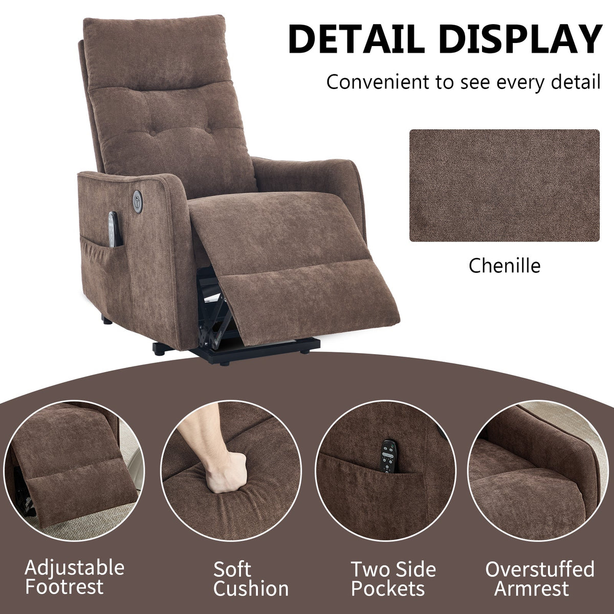 Brown Chenille Power Lift Recliner Chair