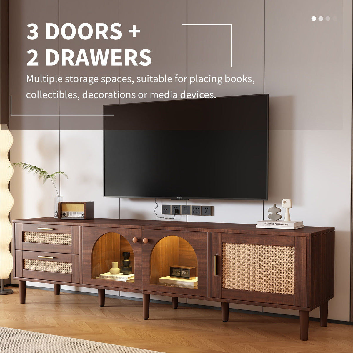 TV Stand With 3 Cabinets & 2 Drawers with LED Light - Dark Brown