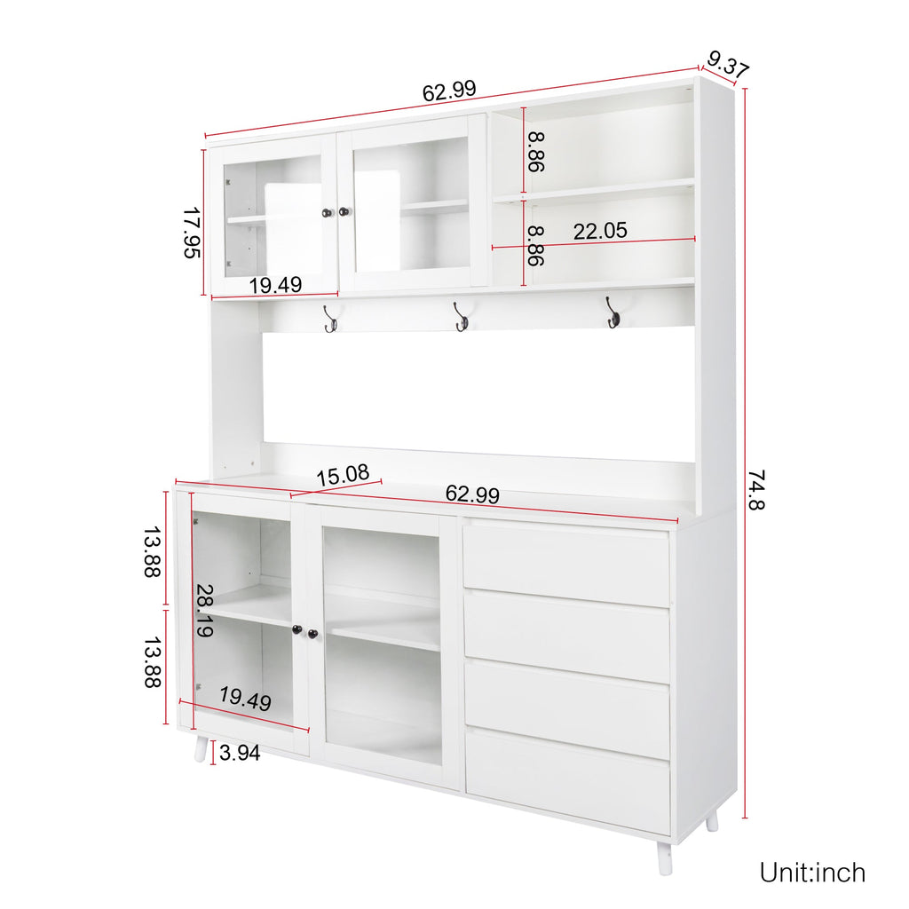 63" W Large Kitchen Hutch Cabinet with Storage Shelves and Drawers - White
