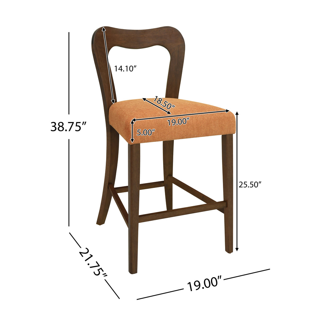 Walnut and Caramel Counter Stool Set of 2 with Ergonomic Backrest - Solid Rubberwood