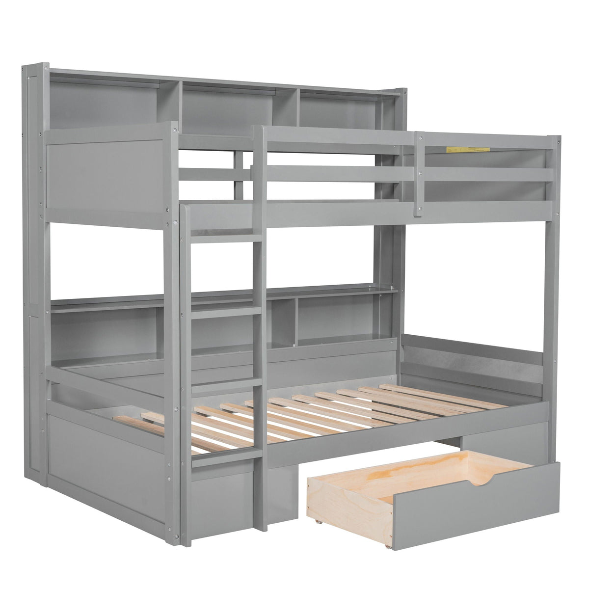 Twin Size Bunk Bed with Built-In Shelves and Storage Drawer - Dark Gray or White