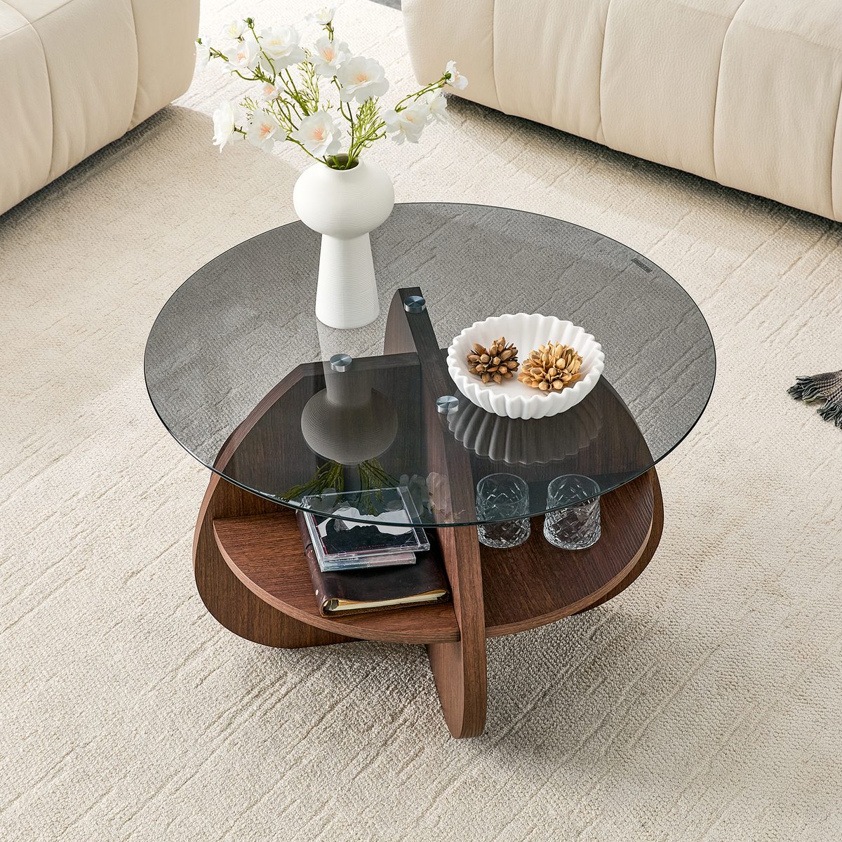 Creative Cross-Structure Round Coffee Table with Glass Top - Walnut Finish
