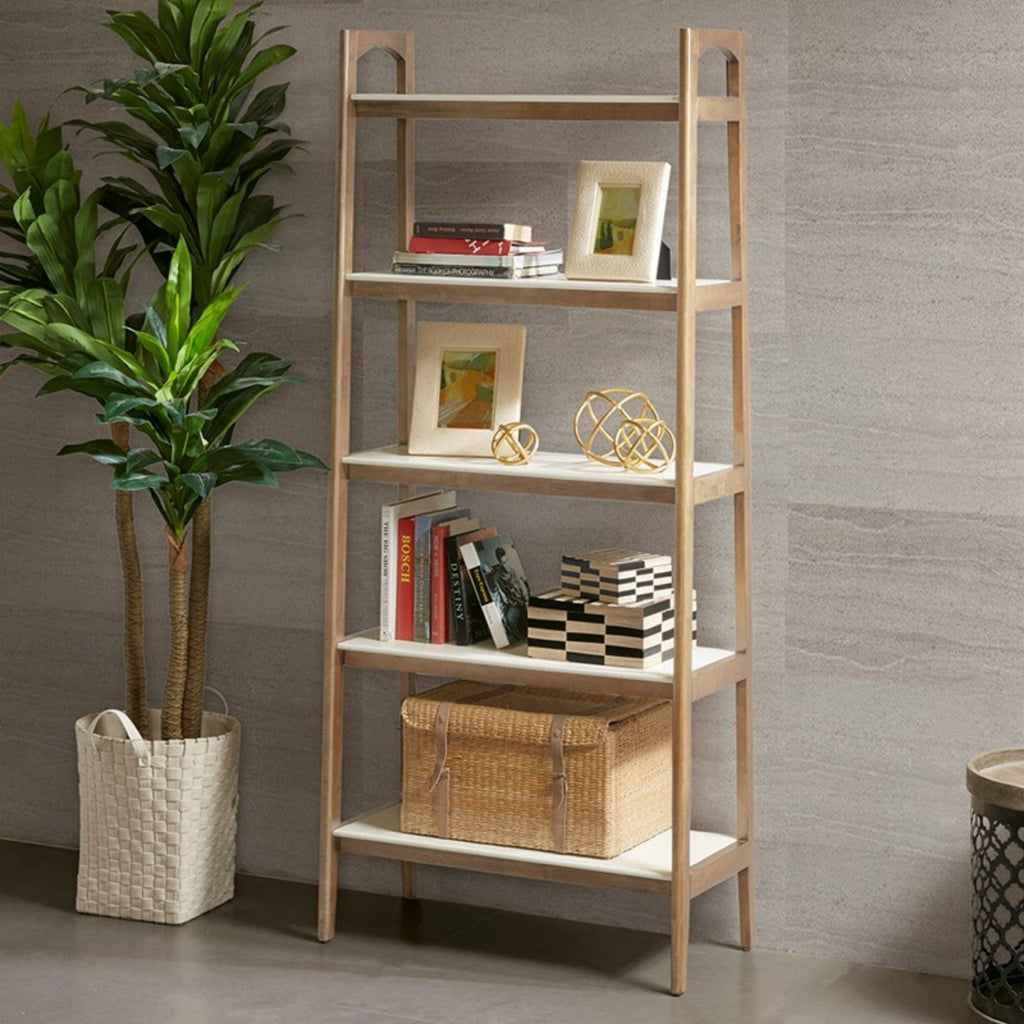 Off White & Natural Ladder Bookcase with 5 Shelves - Solid Wood Frame