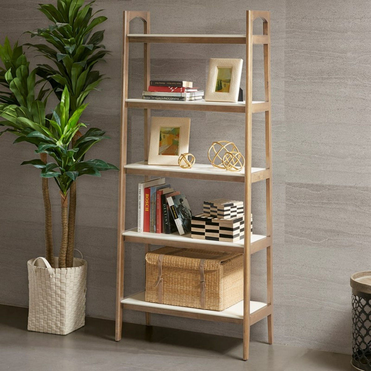 Off White & Natural Ladder Bookcase with 5 Shelves - Solid Wood Frame