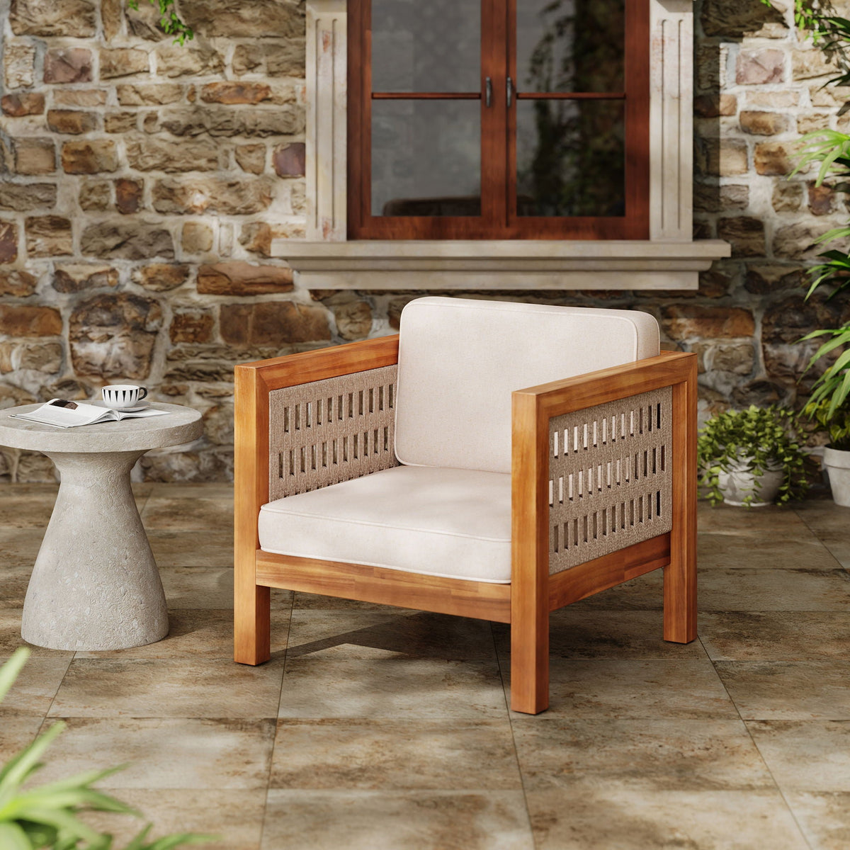 Outdoor Club Chair with Rope Arm and Cushions - Beige