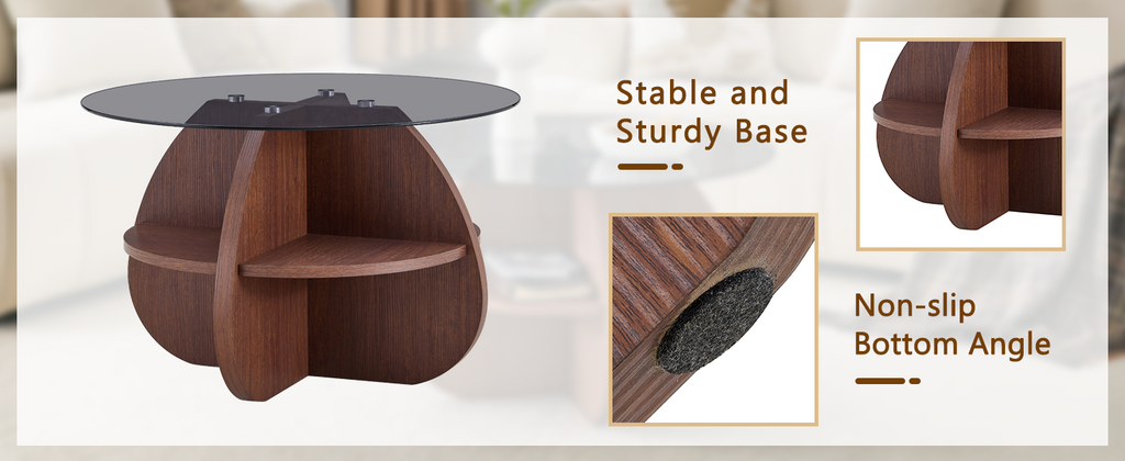 Creative Cross-Structure Round Coffee Table with Glass Top - Walnut Finish