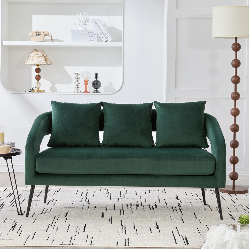 Open Back Loveseat Settee with 3 Pillows - Beige, Dark Green, or Dark Gray