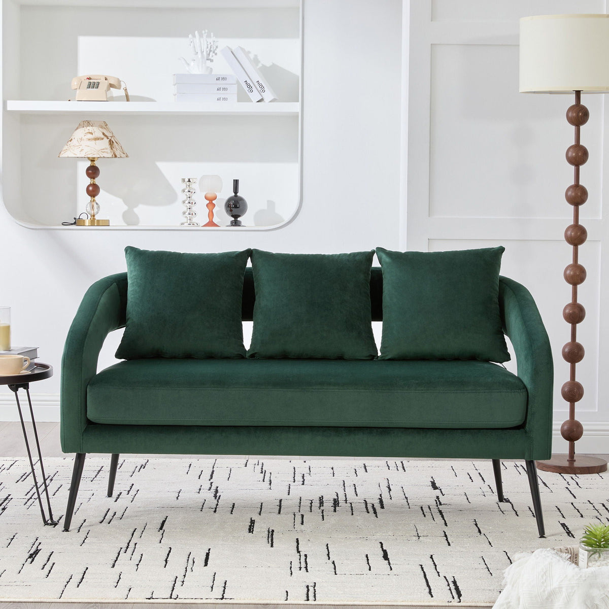 Open Back Loveseat Settee with 3 Pillows - Beige, Dark Green, or Dark Gray