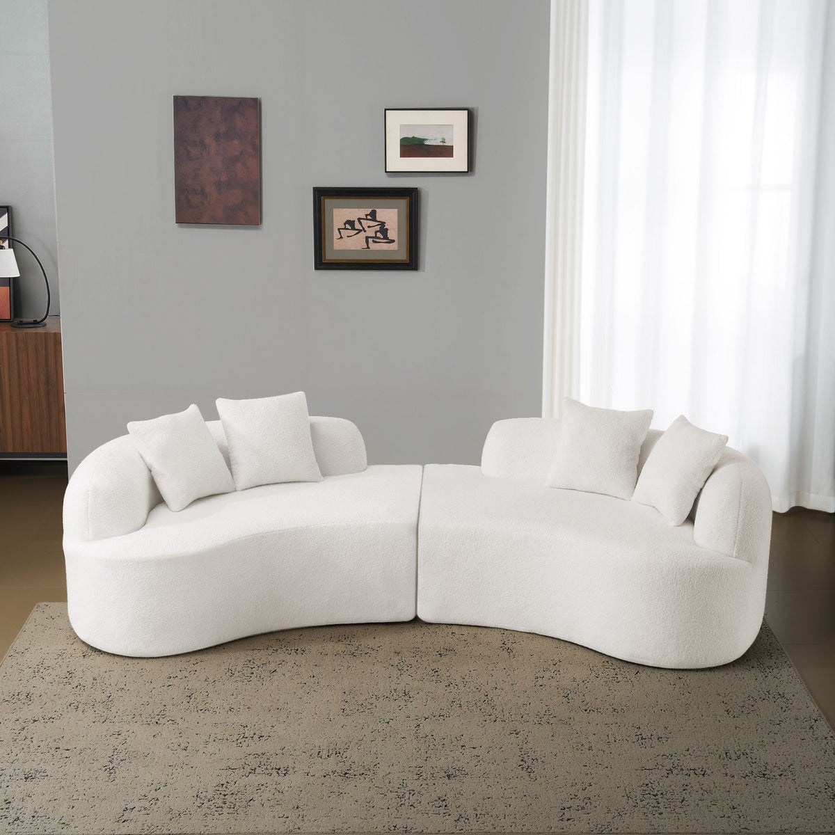 Curved 4 Seater Full Compression Sponge Sofa with Soft Upholstery - White or Gray