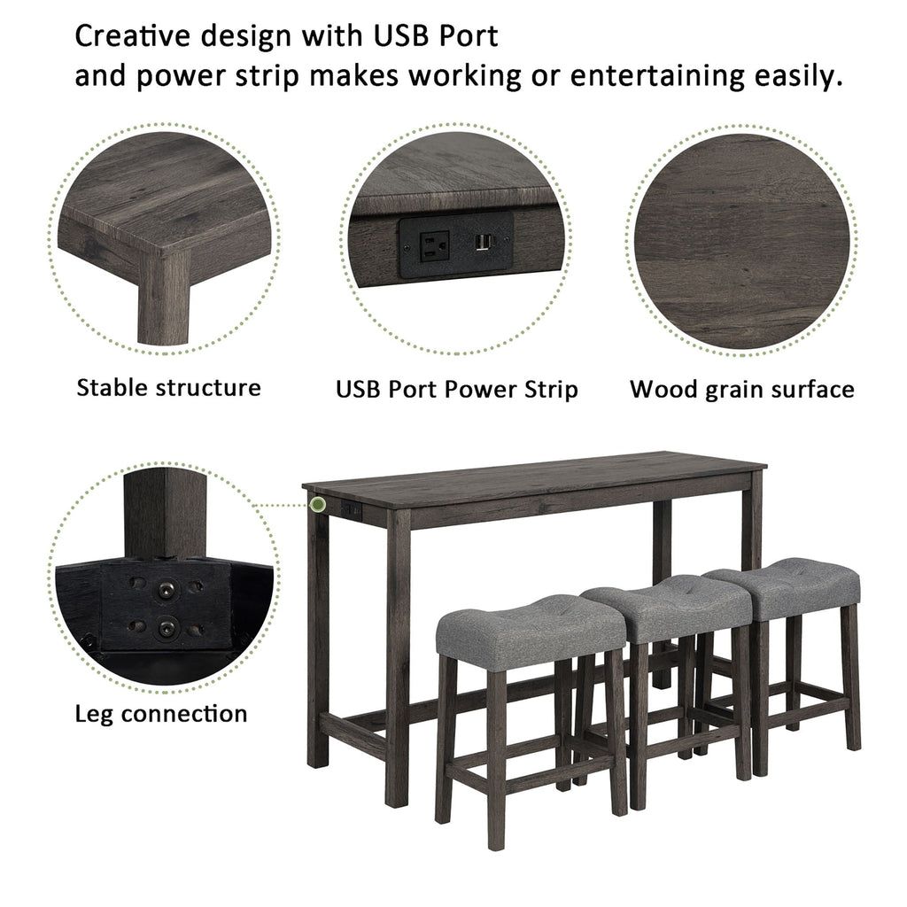 4 Piece Bar Table Set with Power Outlet and 3 Padded Stools - Light Brown or Dark Gray
