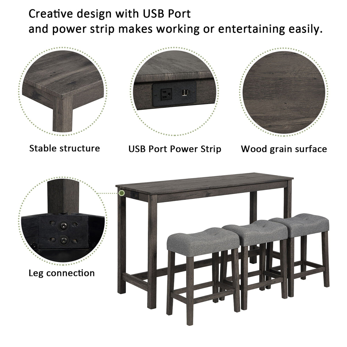4 Piece Bar Table Set with Power Outlet and 3 Padded Stools - Light Brown or Dark Gray
